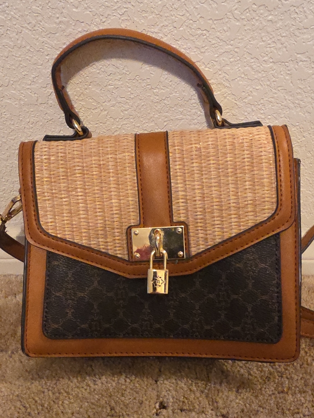 Nanette Lepore Tan & Black Patterned Straw Top-Handle Satchel